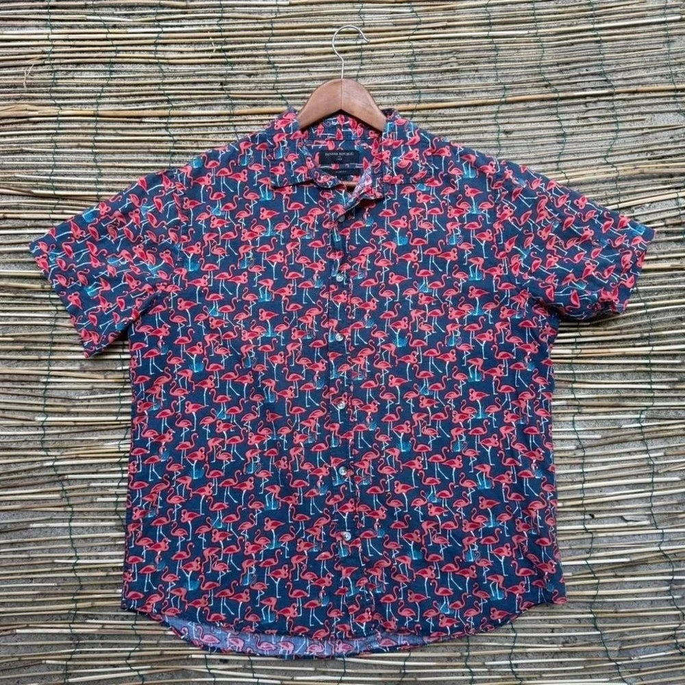Banana Republic Linen Cotton Flamingo Print Shirt Size Large Short Sleeve Summer